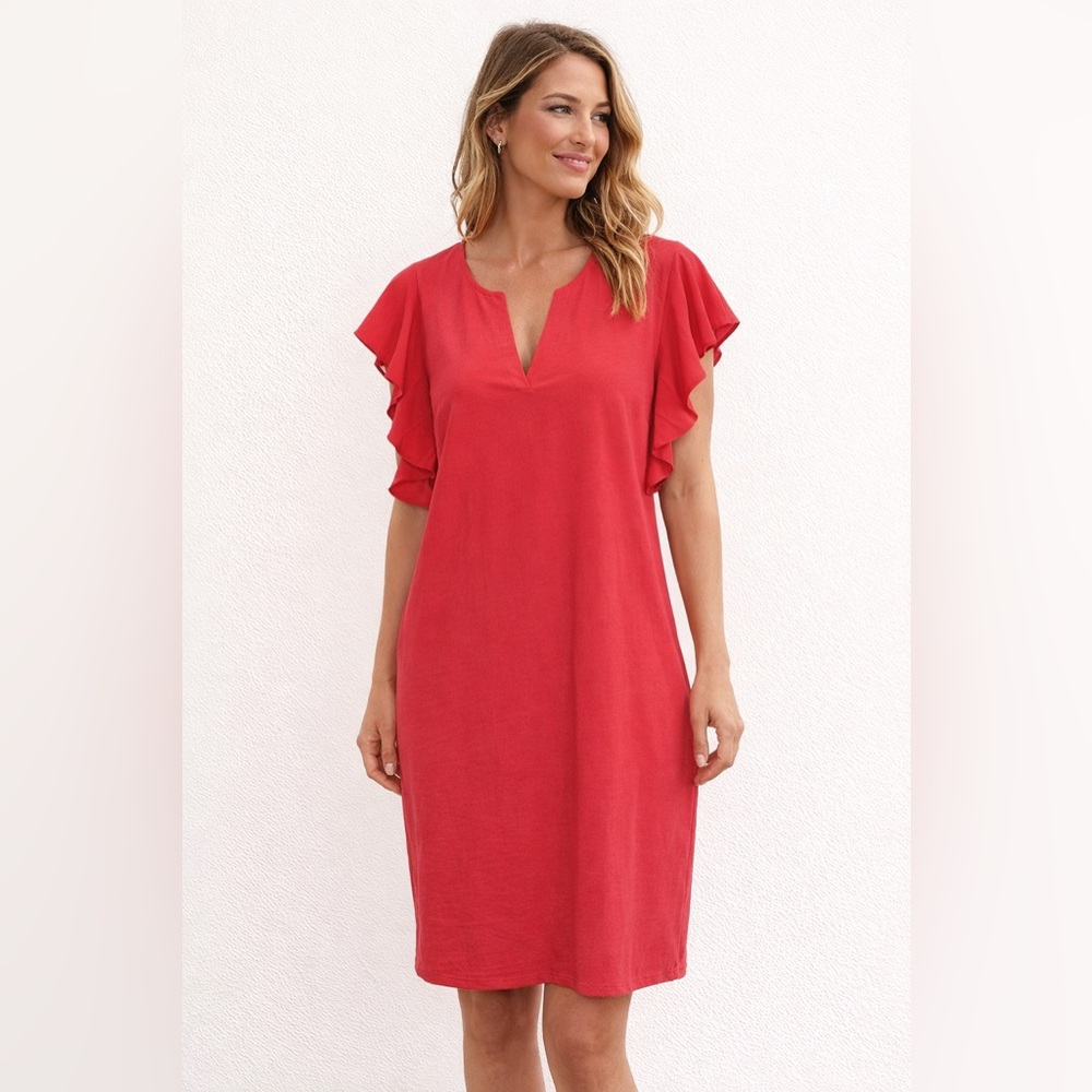 Gibson- Ruffle Sleeve V-Neck Dress in Coral Red‎ Size M